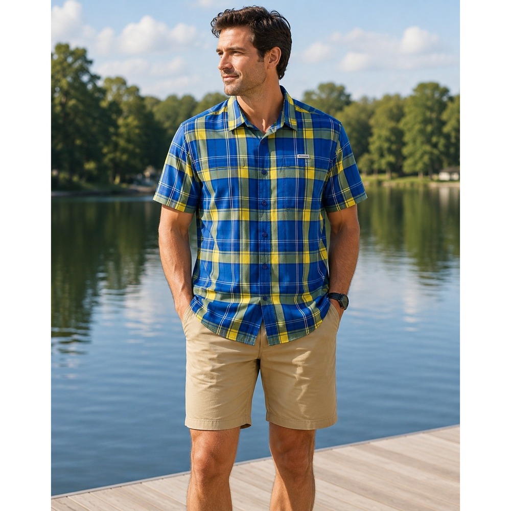 Columbia Mens Eagle Ray EXS Plaid Short Sleeve Shirt Blue Yellow‎ M NEW
